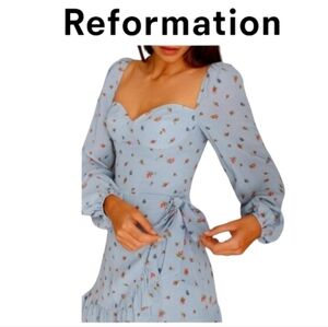 Reformation Cammi Blue Floral Long Sleeve Wrap Mini Dress Size XS Romantic Fit